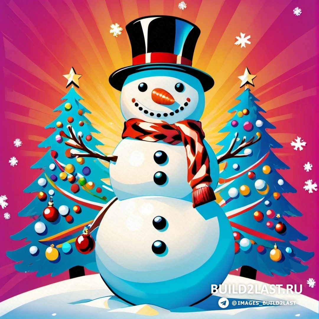снеговик в цилиндре и шарфе на шее и рождественская елка со снежинками