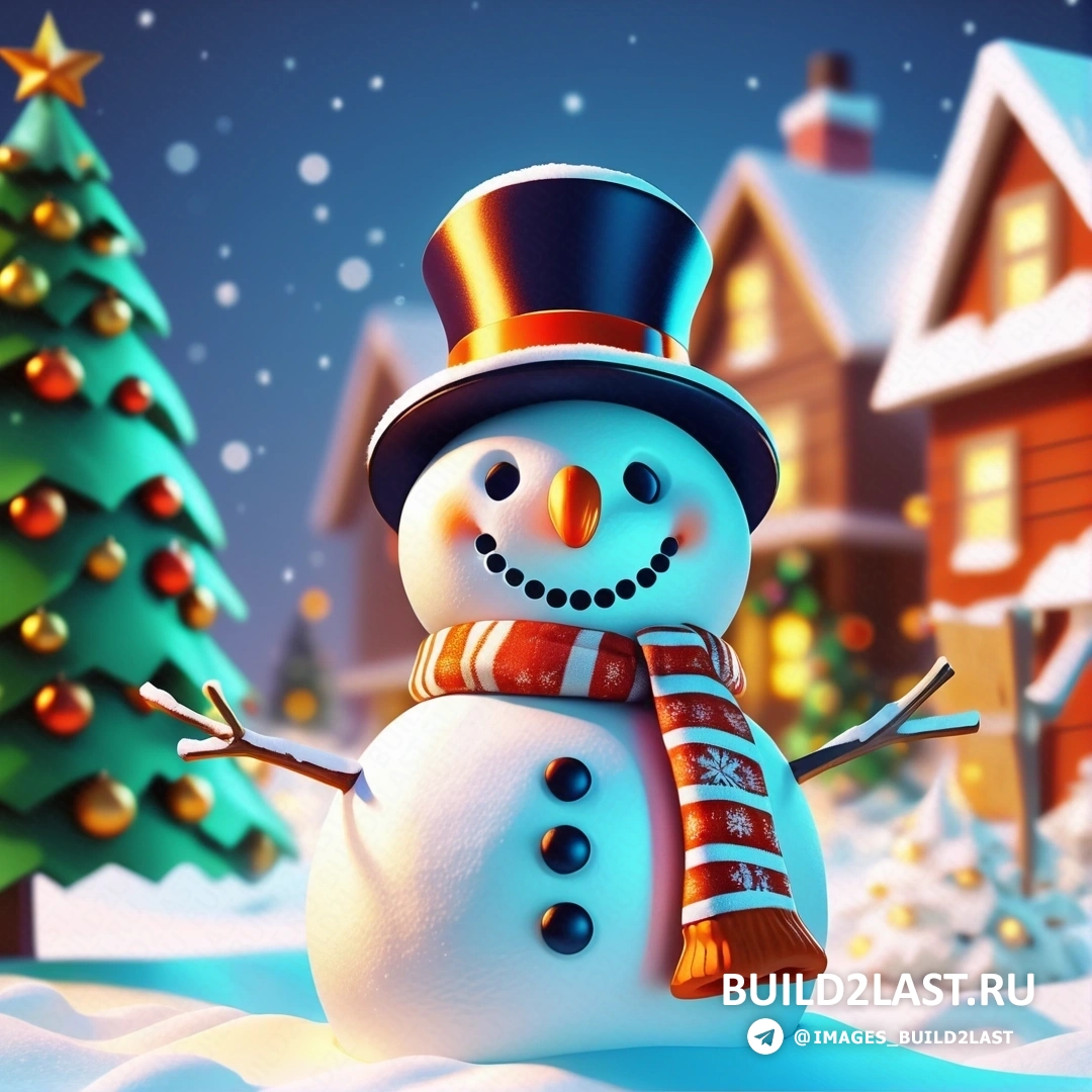 снеговик в цилиндре и шарфе, стоящий перед рождественской елкой и домом с огнями
