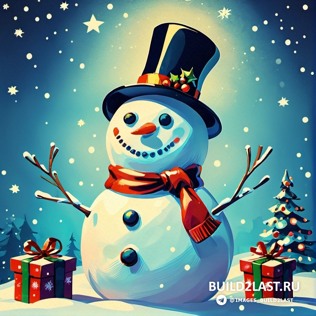 снеговик в цилиндре и шарфе и подарки на снегу со звездами и снежинками