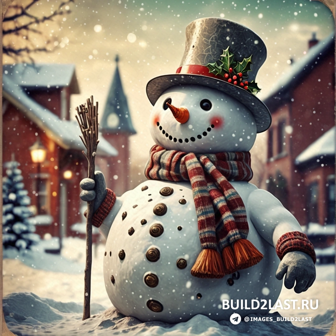 снеговик в цилиндре и шарфе держит метлу на снегу на фоне дома