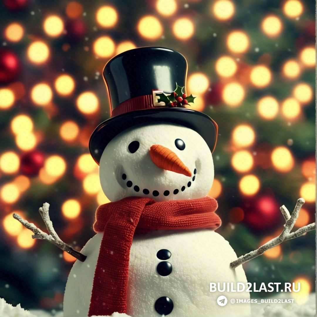 снеговик в цилиндре и шарфе на фоне рождественской елки с огнями