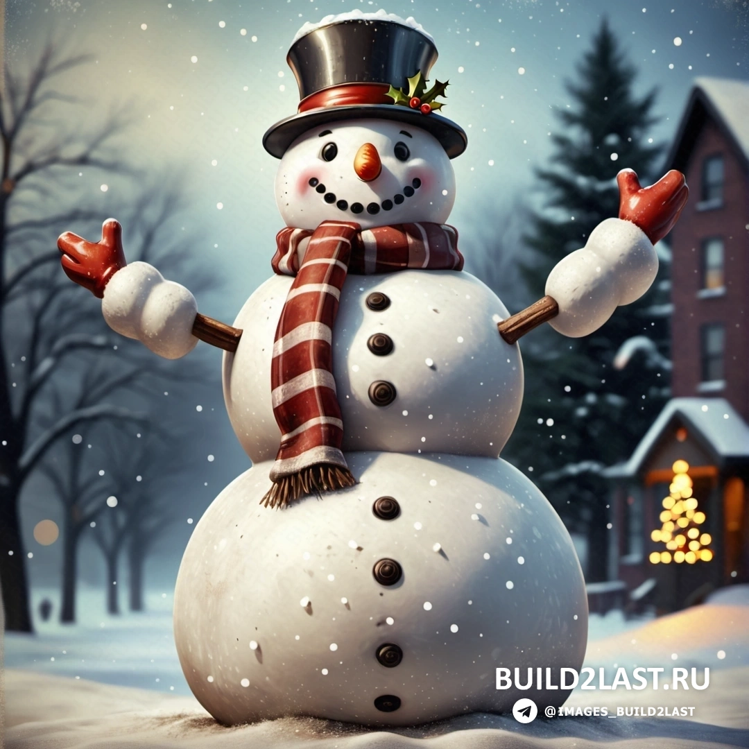 снеговик в цилиндре и шарфе на снегу с рождественской елкой