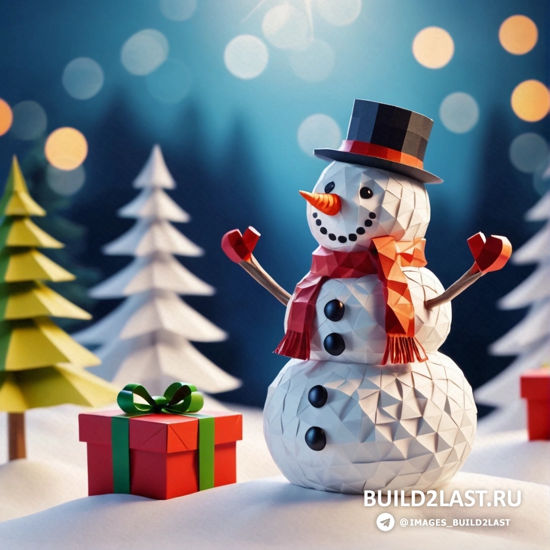 снеговик в цилиндре и шарфе стоит на снегу с подарками под огнями рождественских елок
