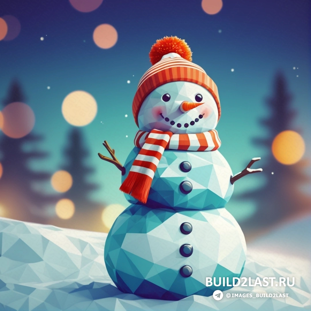 снеговик в красно-белой полосатой шапке и шарфе стоит на снегу