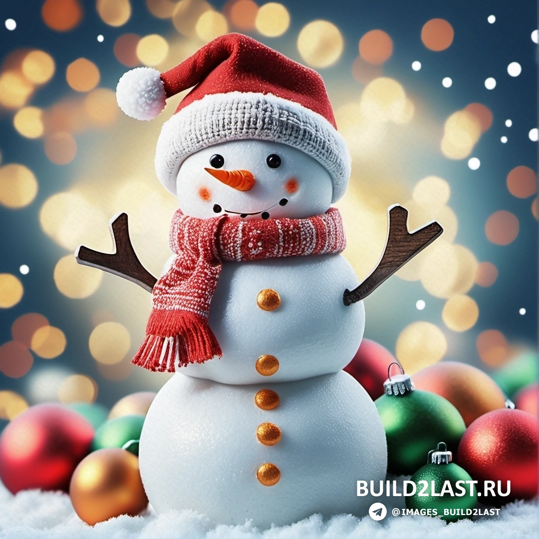 снеговик в красной шапке и шарфе и рождественским украшением