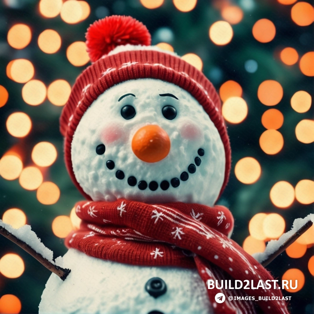 снеговик в красной шапке и шарфе и рождественская елка