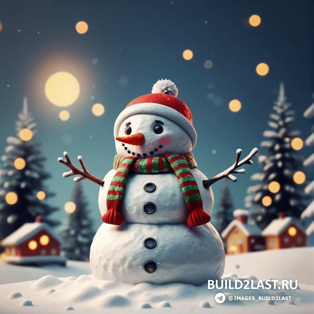 снеговик в красной шапке и шарфе на снегу с рождественской елкой