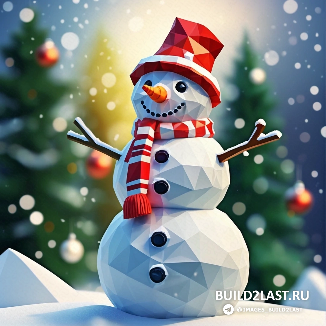 снеговик в красной шапке и шарфе и руках, стоящий на снегу
