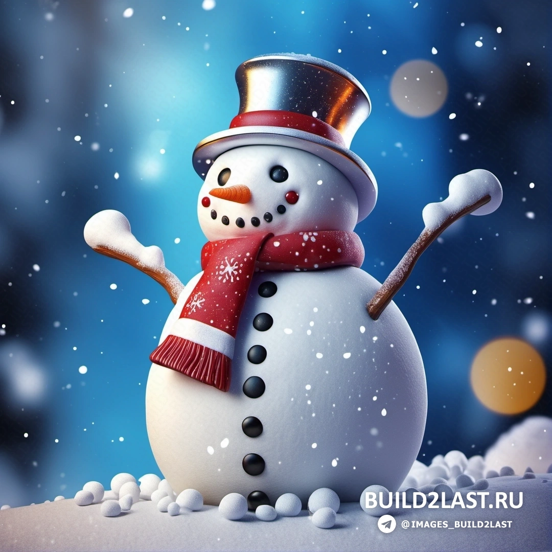 снеговик в красной шапке и шарфе на снегу, вокруг него падает снег и синий фон