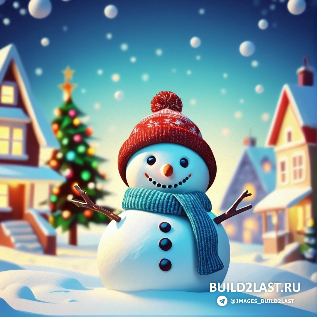 снеговик в красной шапке и шарфе на снегу на фоне рождественской елки