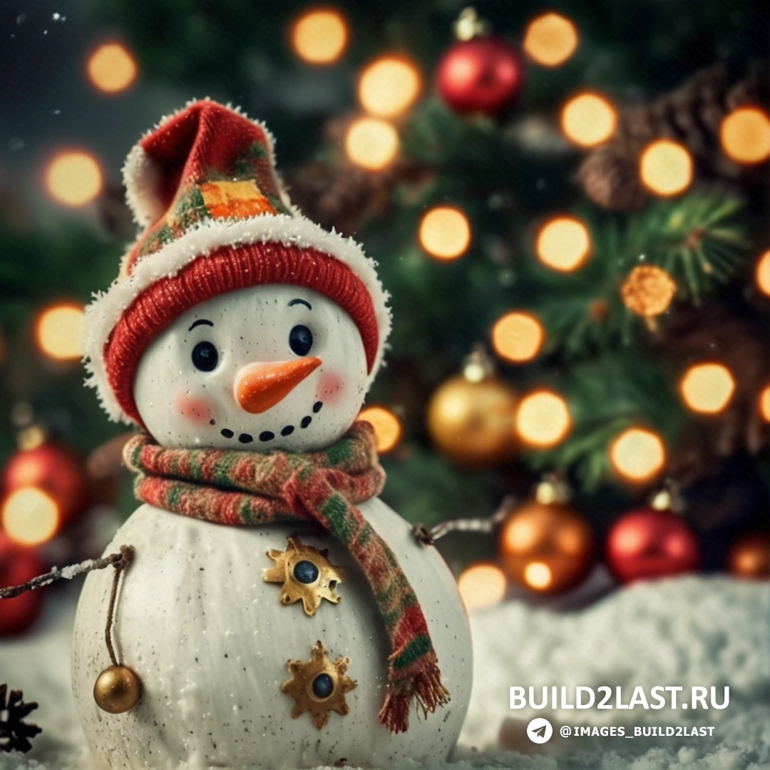 снеговик в красной шапке и шарфе перед рождественской елкой с огнями и украшениями