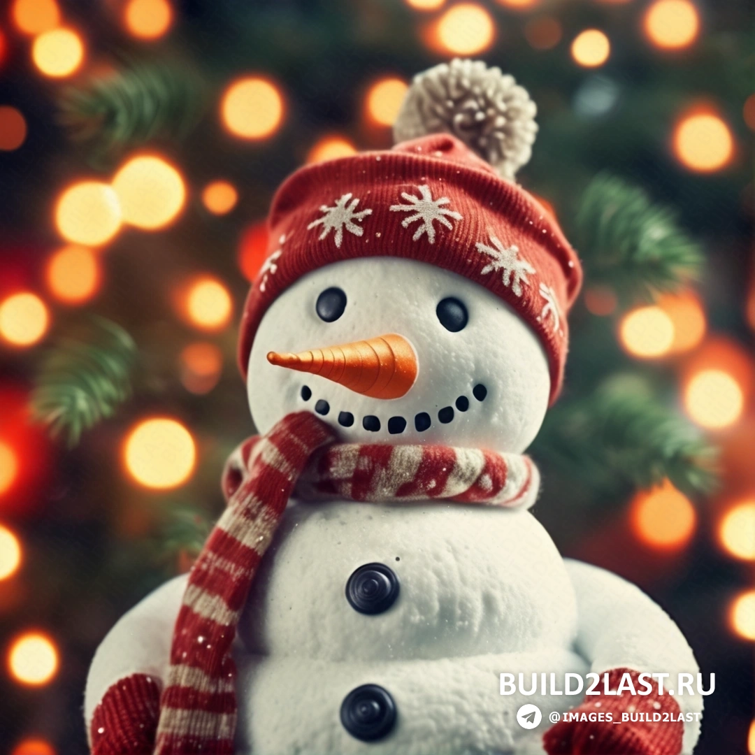 снеговик в красной шапке и шарфе и рождественская елка