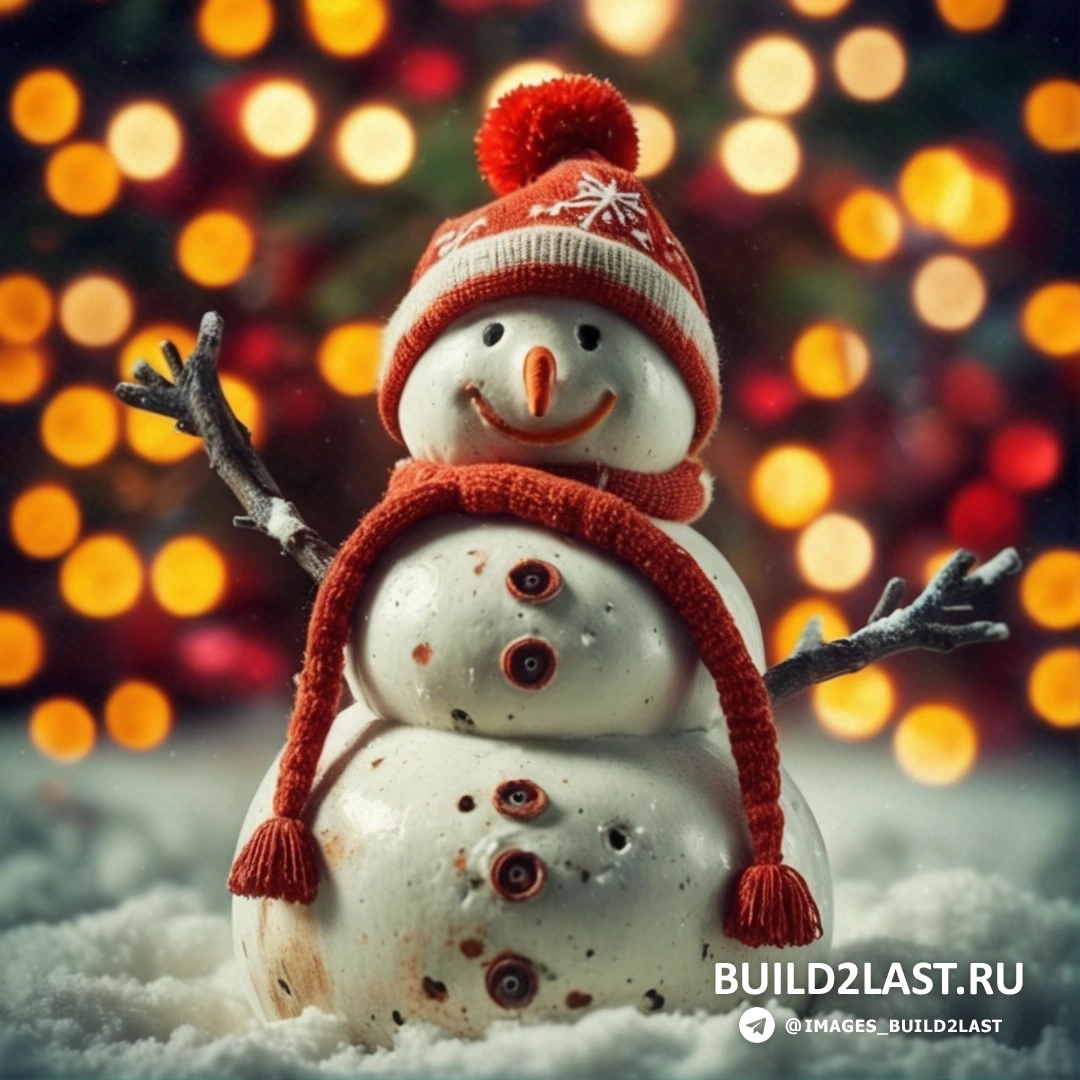 снеговик в красной шапке и шарфе на снегу с рождественской елкой фото