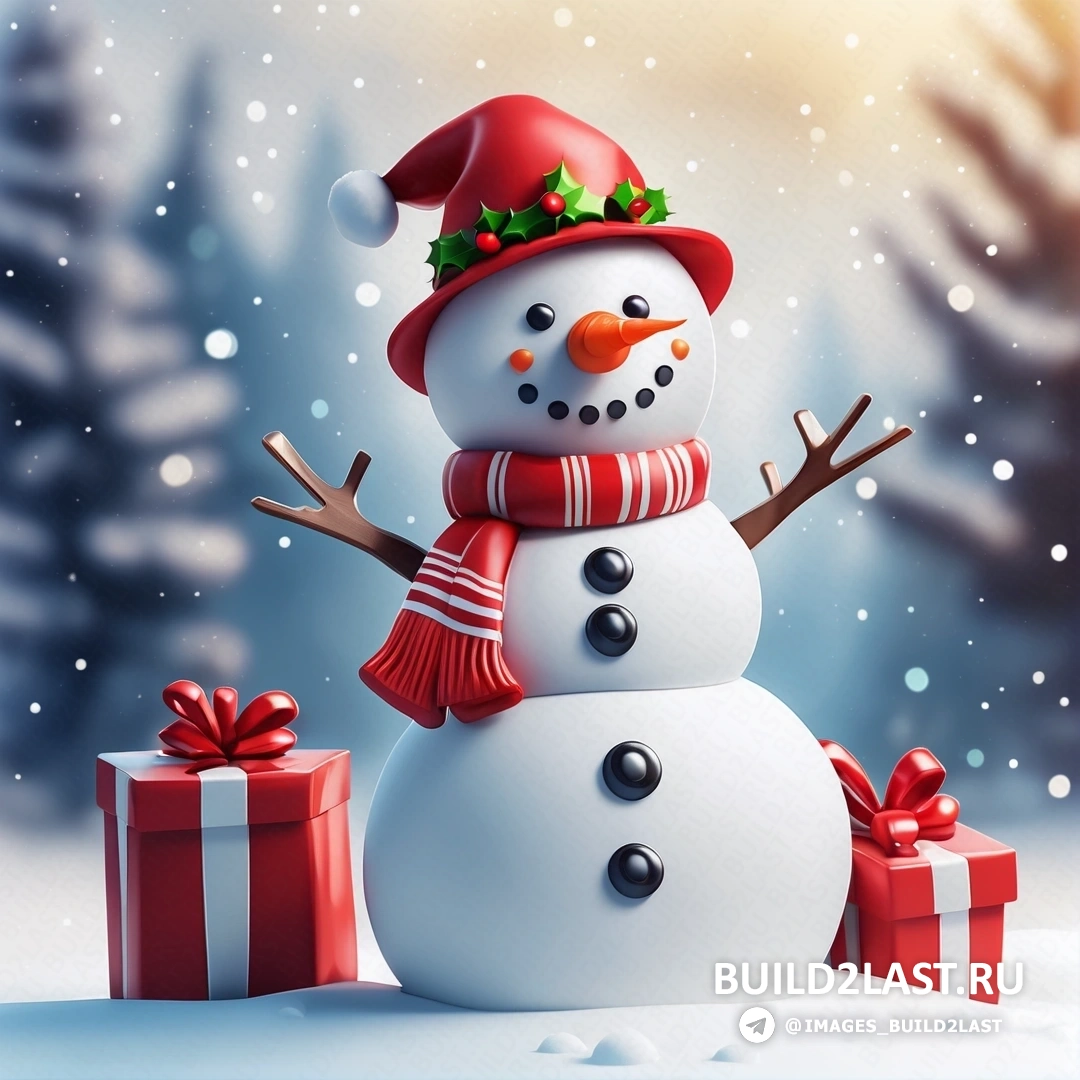 снеговик в красной шапке и шарфе и подарки в снегу на фоне деревьев и падающего снега