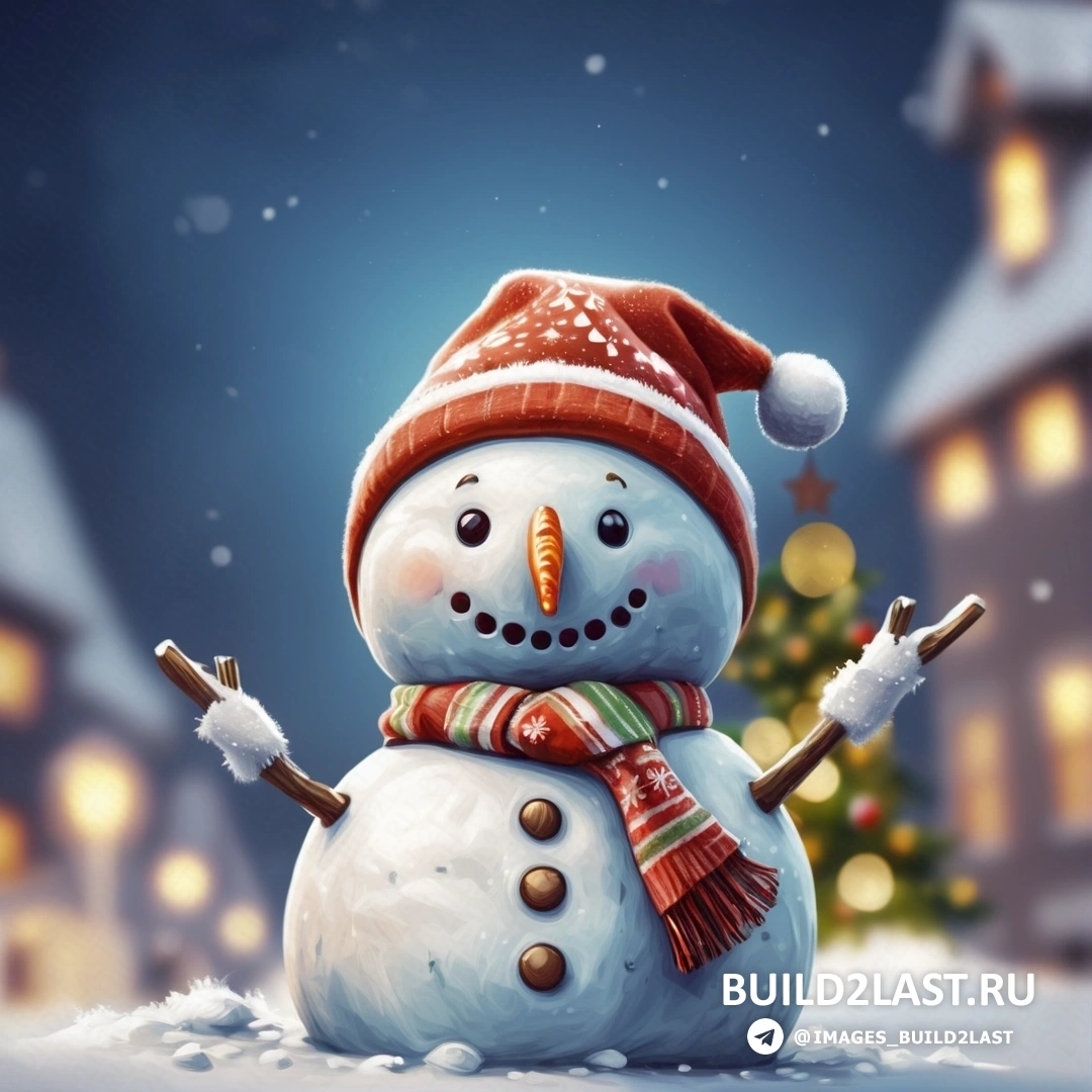 снеговик в красной шапке и шарфе на снегу с рождественской елкой