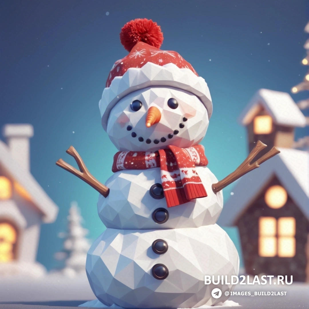 снеговик в красной шапке и шарфе стоит перед домом со снеговиком 