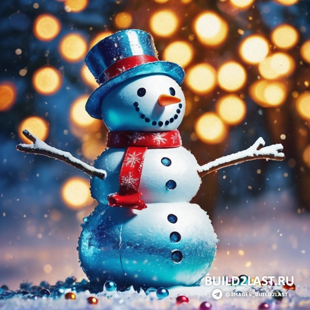 снеговик в цилиндре и красном шарфе