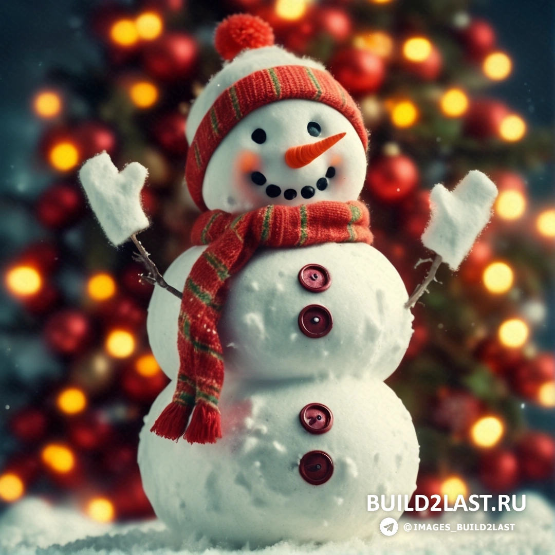 снеговик в красной шапке и шарфе, стоящий перед рождественской елкой с огнями