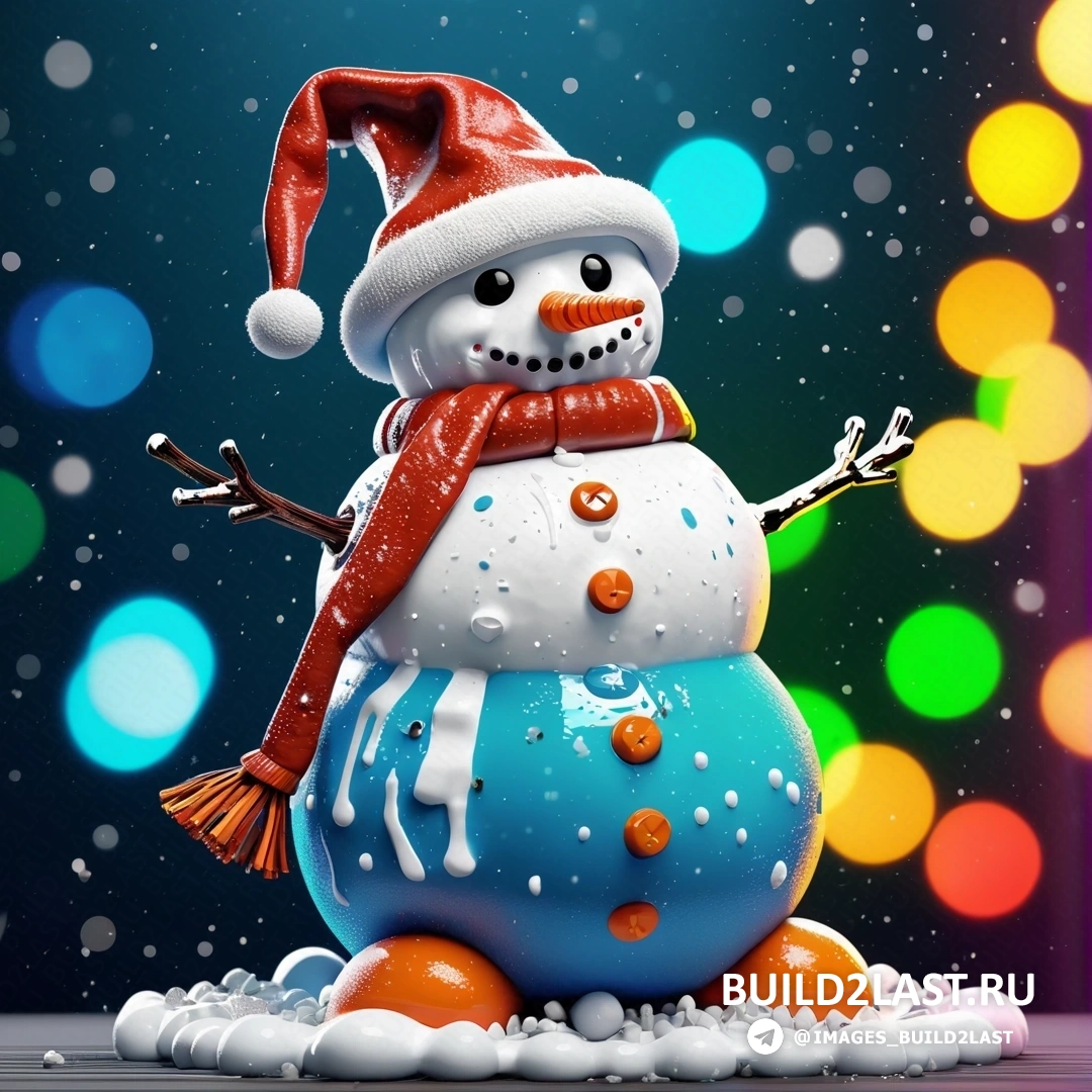снеговик в новогодней шапке и шарфе стоит на заснеженной поверхности