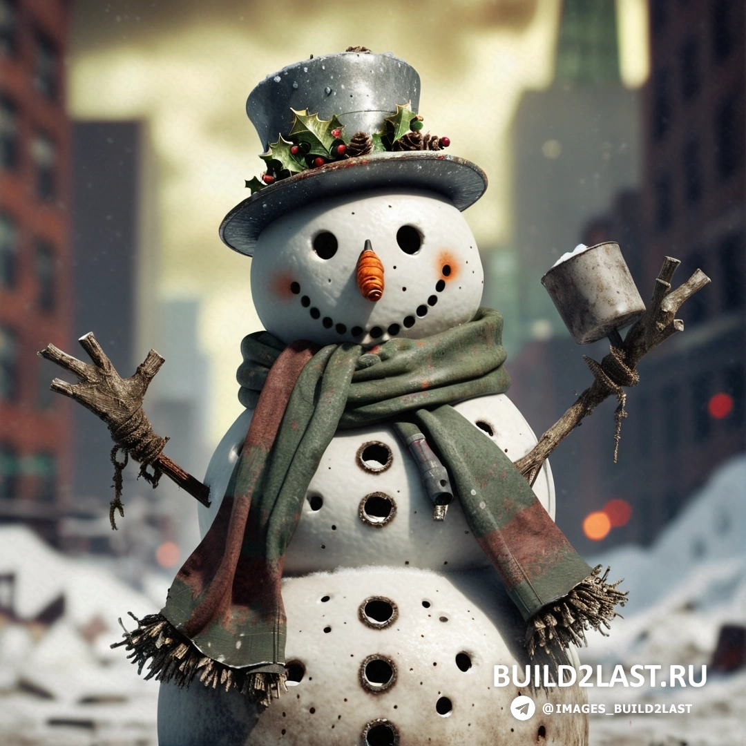 снеговик в шапке и шарфе, шарф на шее и чашка в руке