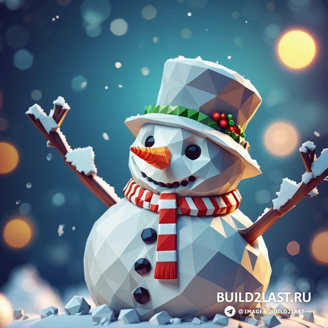 снеговик в шапке и шарфе и с поднятыми руками