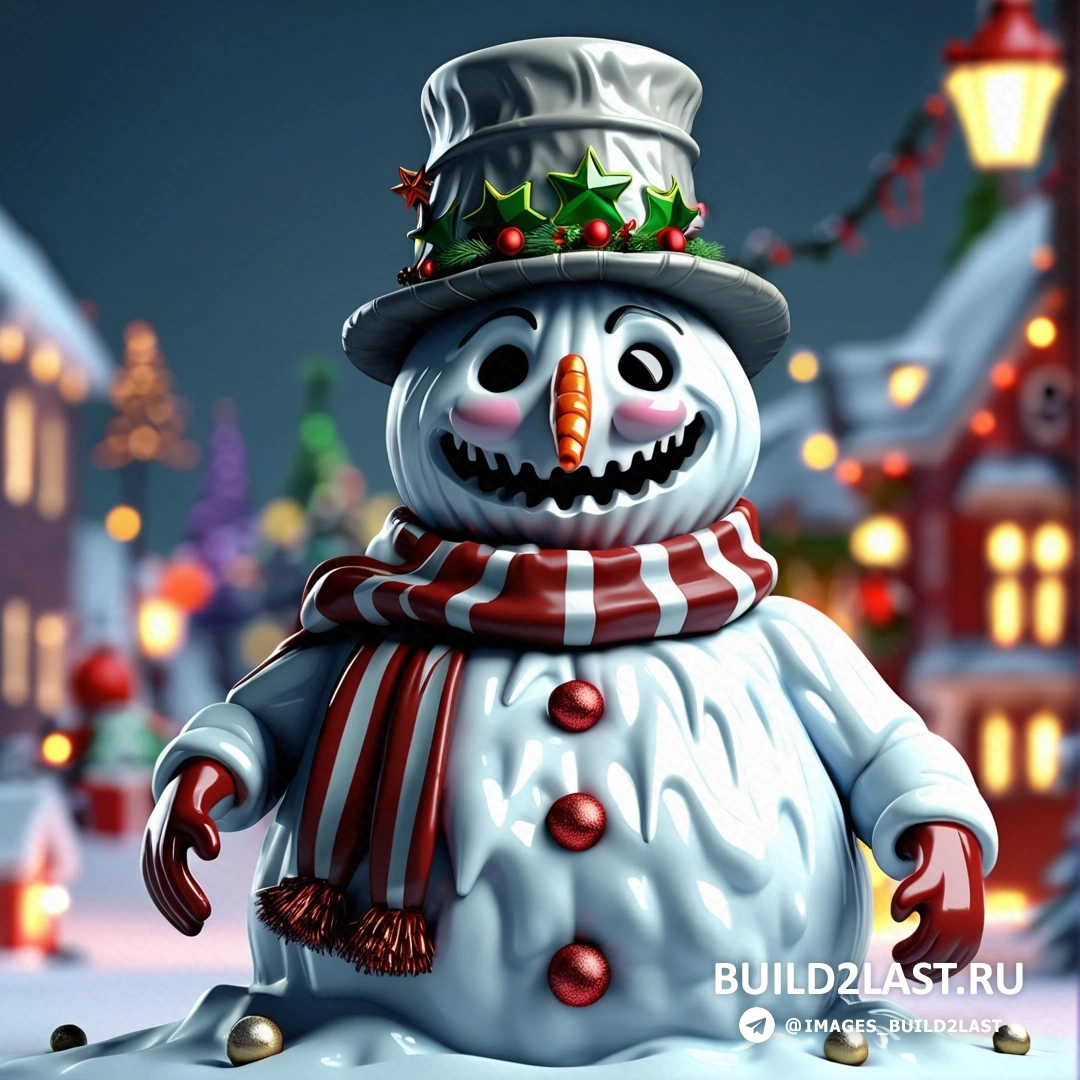 снеговик в шапке и шарфе на снегу с рождественской сценой и уличным фонарем