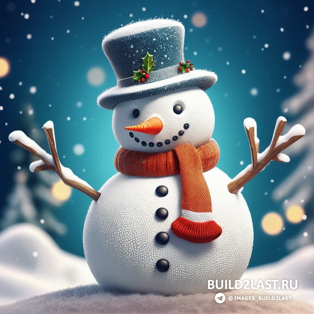 снеговик в шапке и шарфе на снегу с рождественской елкой с огнями