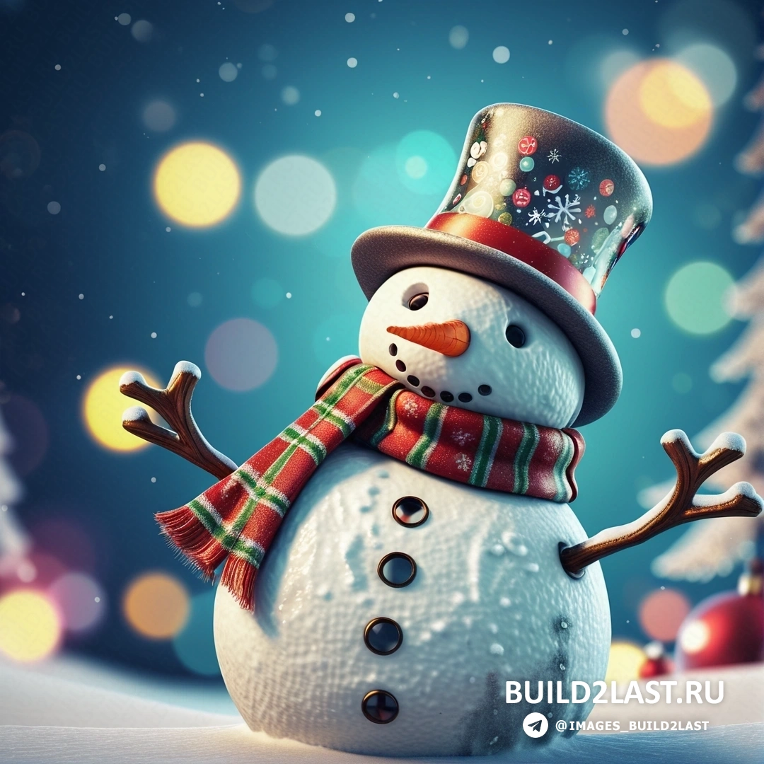 снеговик в шапке и шарфе и рождественская елка