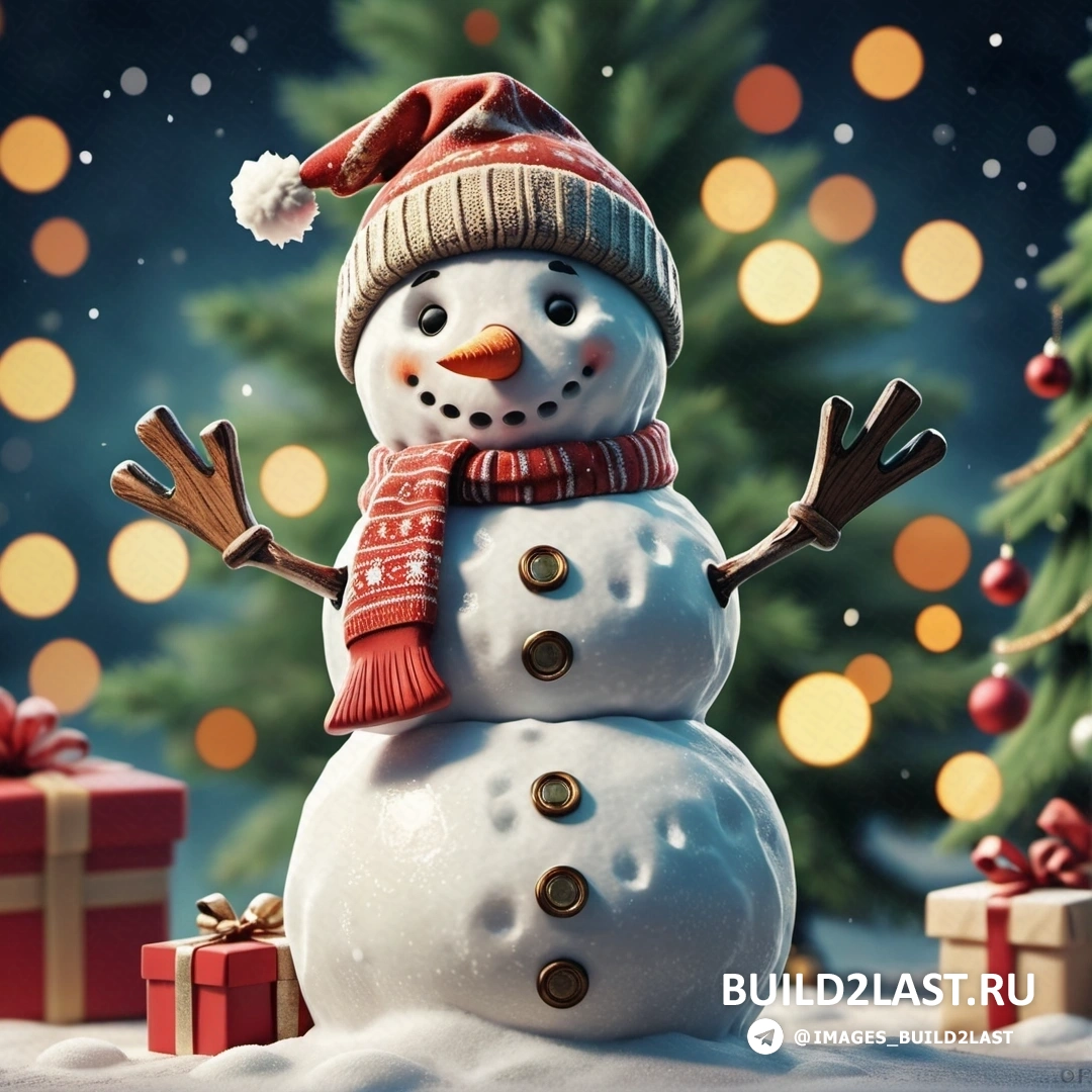 снеговик в шапке и шарфе на снегу с подарками вокруг него и рождественской елкой
