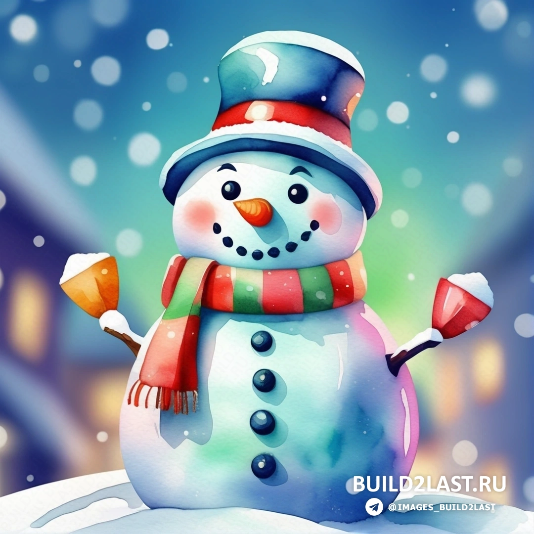 снеговик в шапке и шарфе на снегу с фоном голубого неба и хлопьями снега