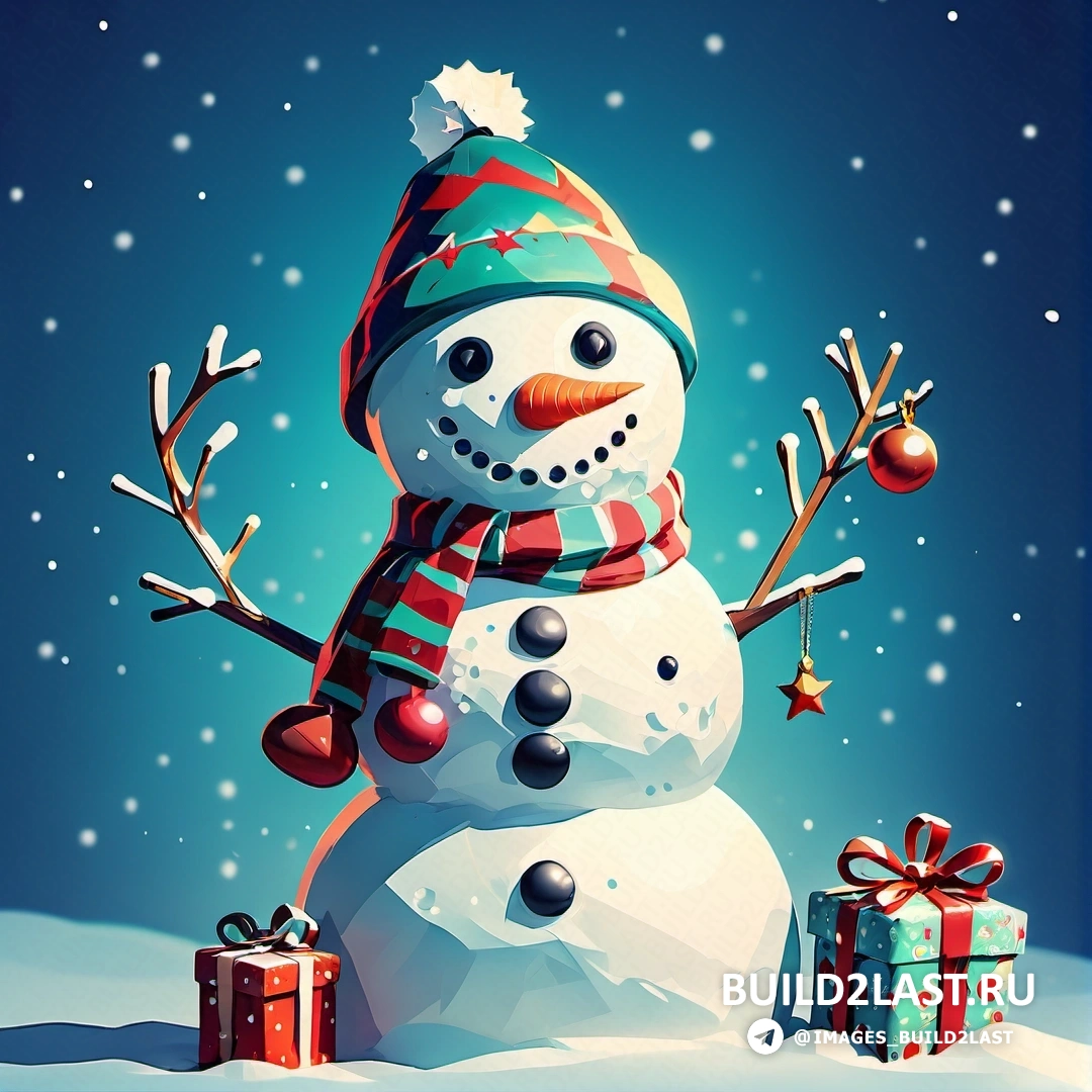 снеговик в шапке и шарфе с подарками в снегу и на синем фоне