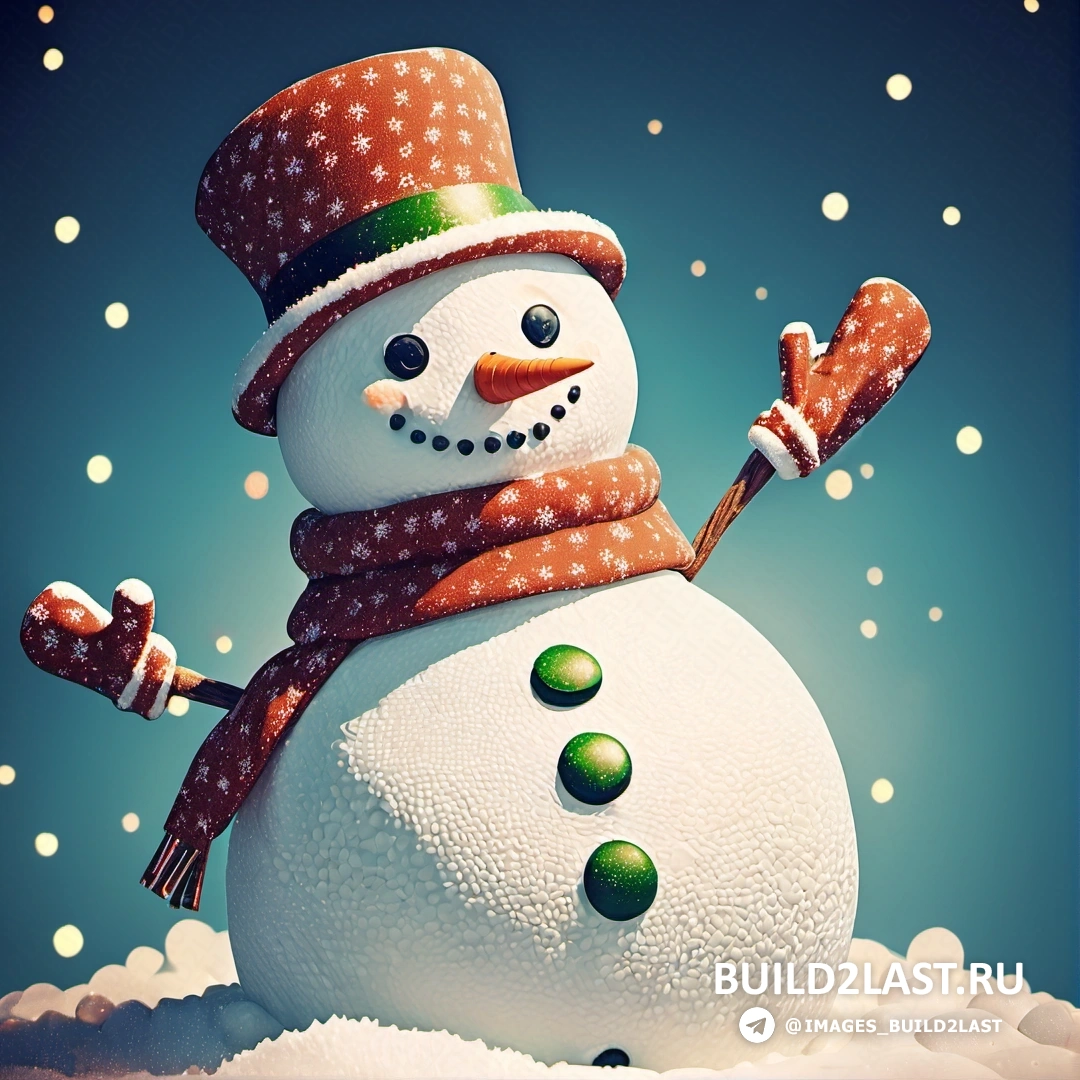 снеговик в шапке и шарфе и с поднятыми руками в воздухе, вокруг падает снег