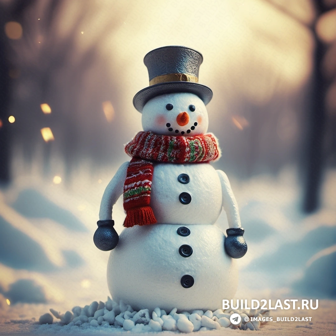 снеговик в шапке и шарфе на снегу с бенгальским огнем и размытым фоном