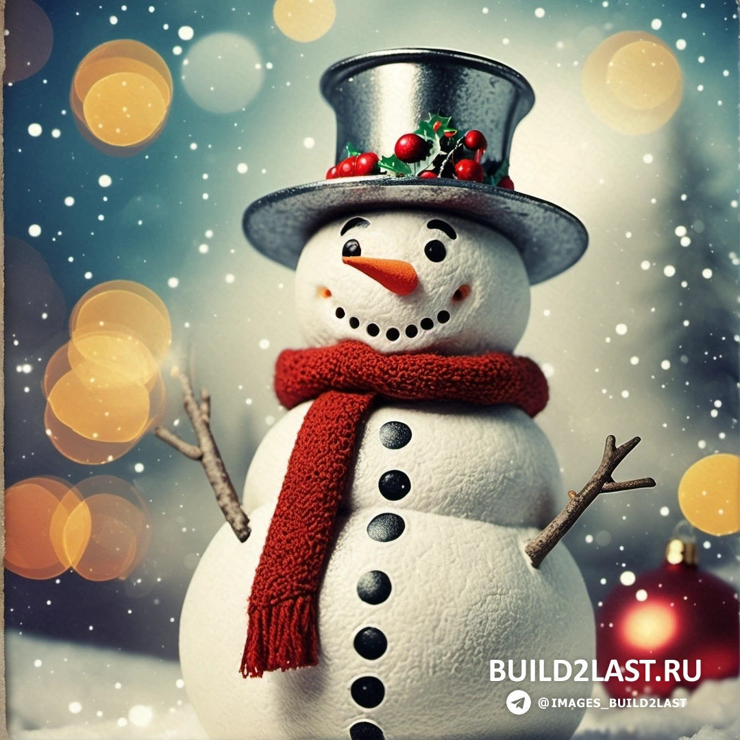 снеговик в шапке и шарфе на снегу с рождественским украшением на голове