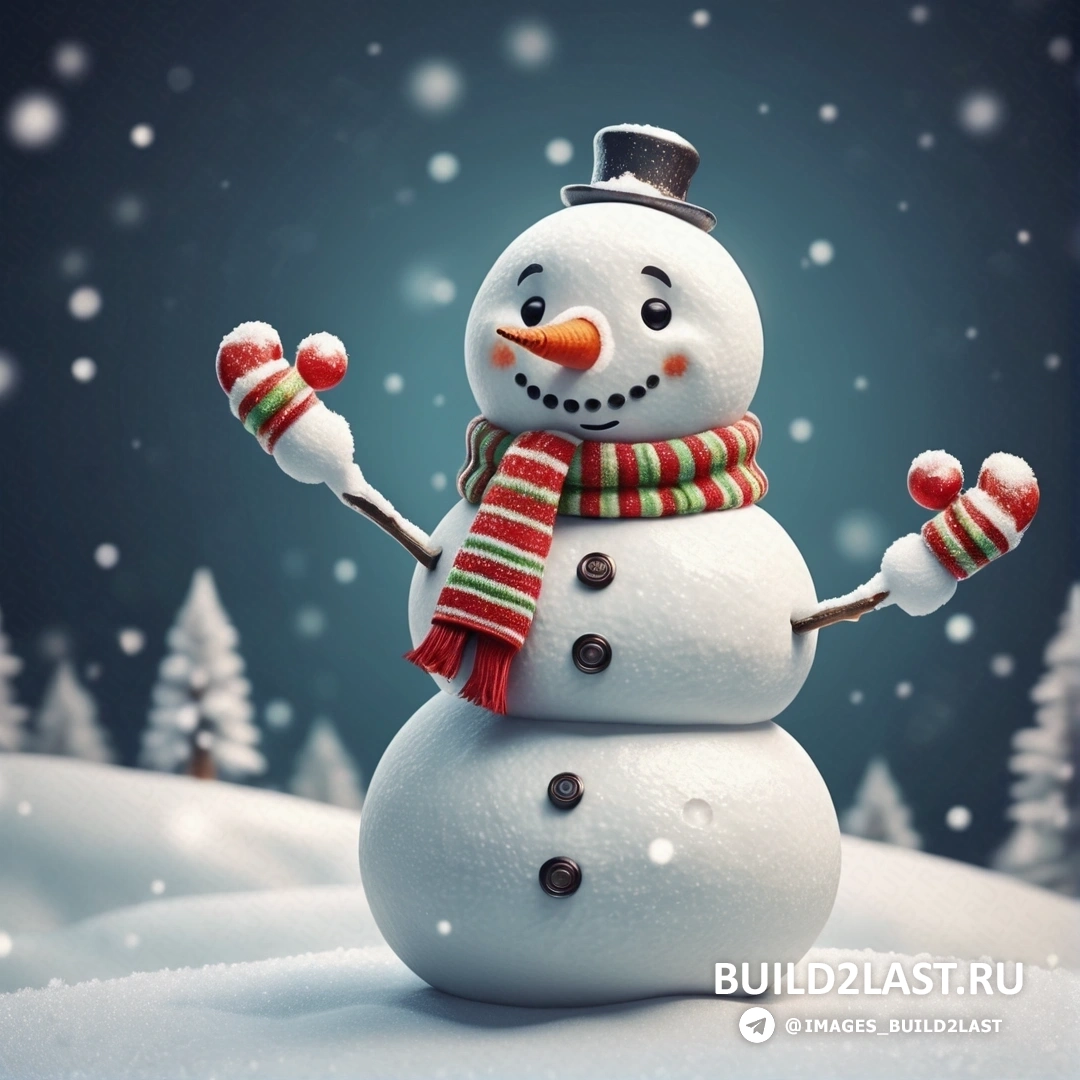 снеговик в шапке и шарфе стоит на снегу, вытянув руки и скрестив ноги