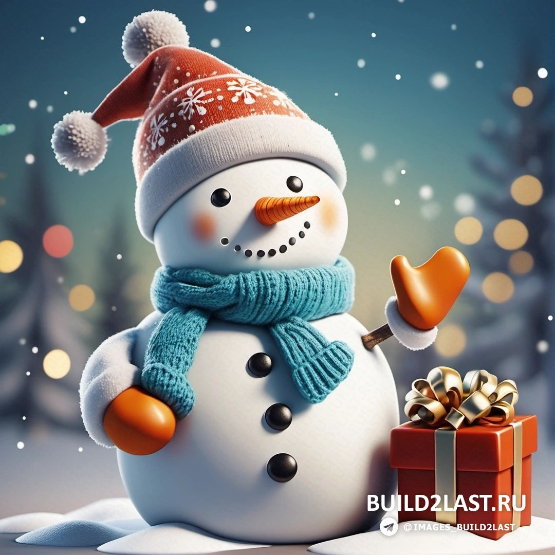 снеговик в шапке и шарфе держит подарочную коробку на снегу на фоне рождественской елки