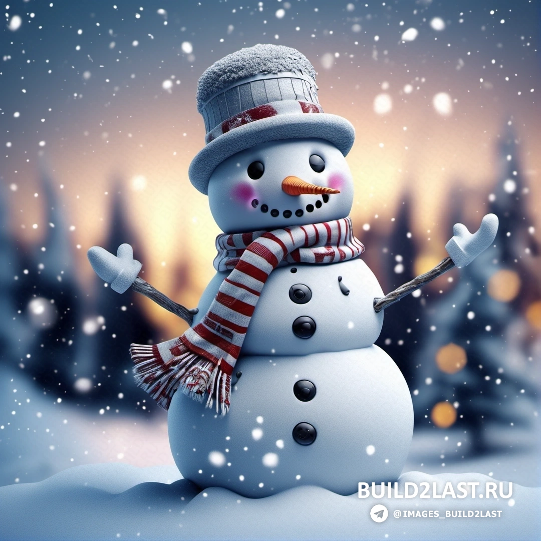 снеговик в шапке и шарфе на снегу, город с падающим снегом