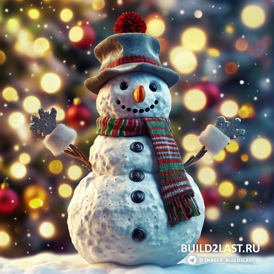 снеговик в шапке и шарфе стоит перед рождественской елкой на фоне огней