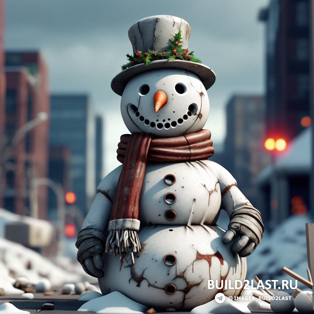 жутковатый снеговик в шапке и шарфе стоит в снегу на городской улице со зданиями