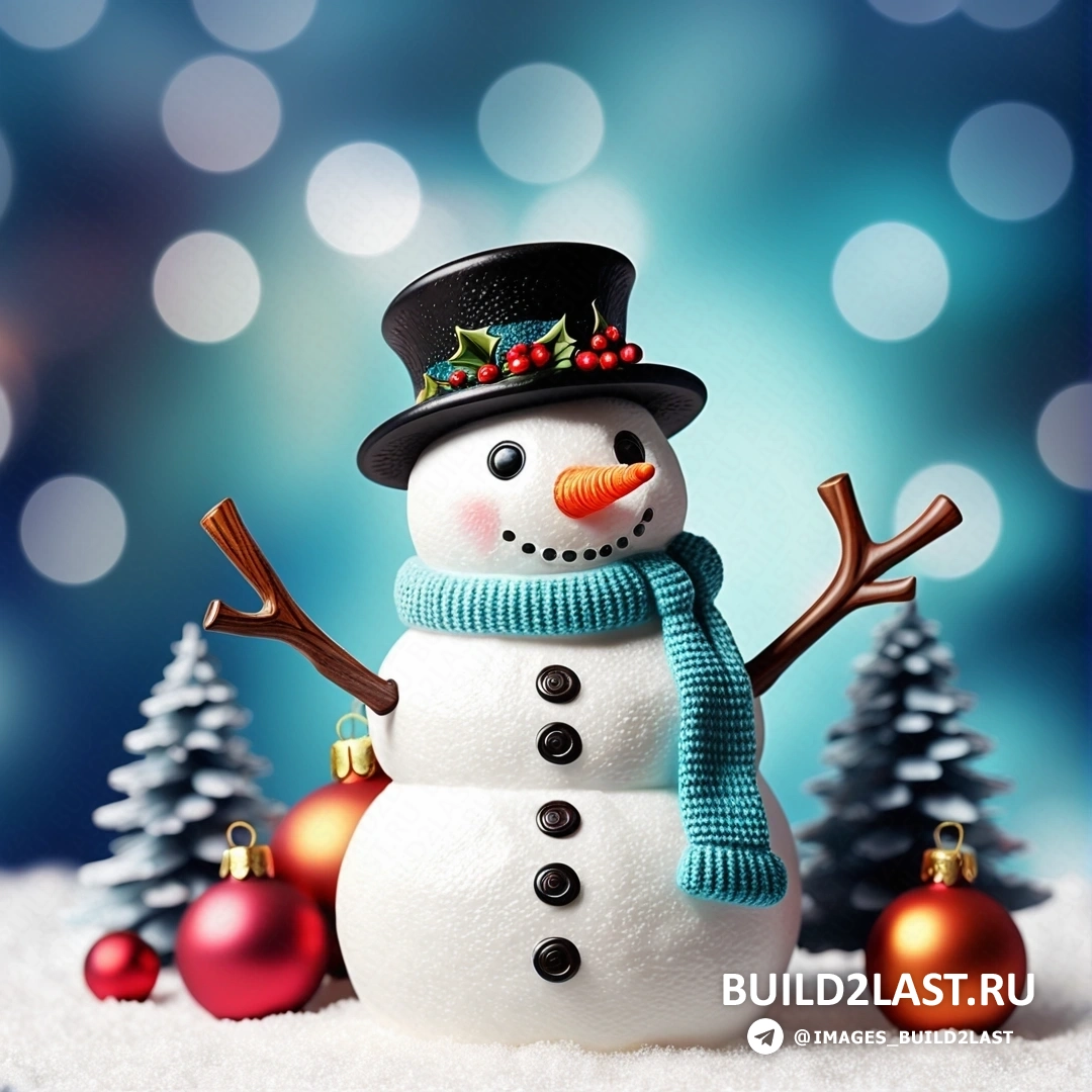 снеговик в шапке и шарфе на снегу с рождественскими украшениями вокруг него и синим фоном