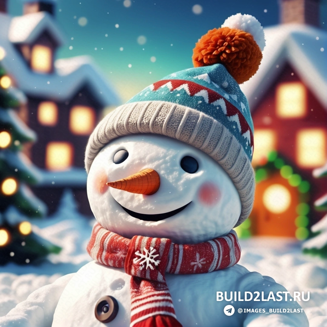 снеговик в шапке и шарфе на снегу с домом и рождественской елкой