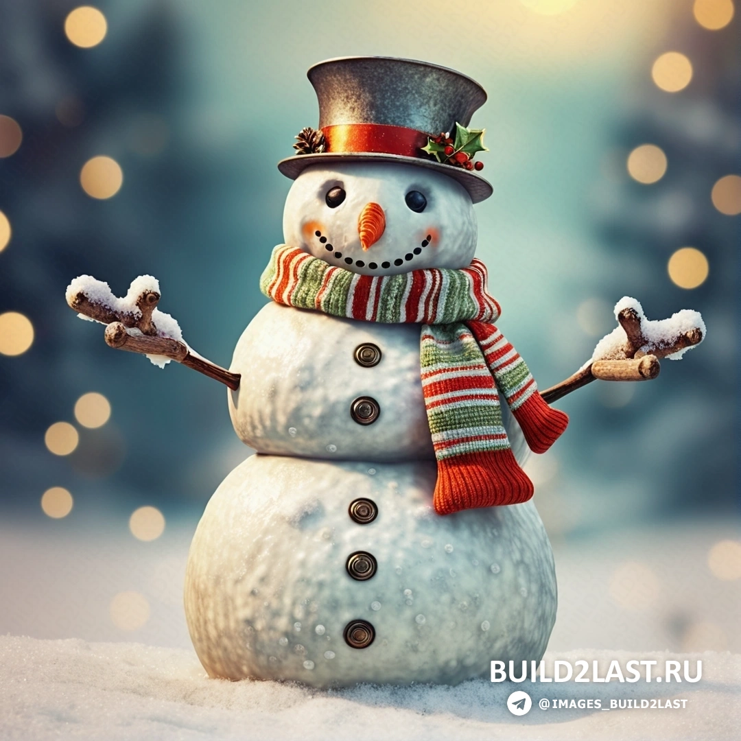 снеговик в шапке и шарфе на снегу, рождественская елка с огнями