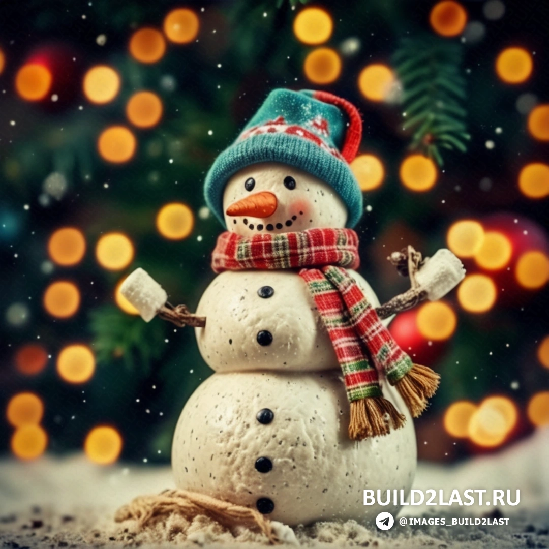 снеговик в шапке и шарфе стоит на снегу на фоне рождественской елки