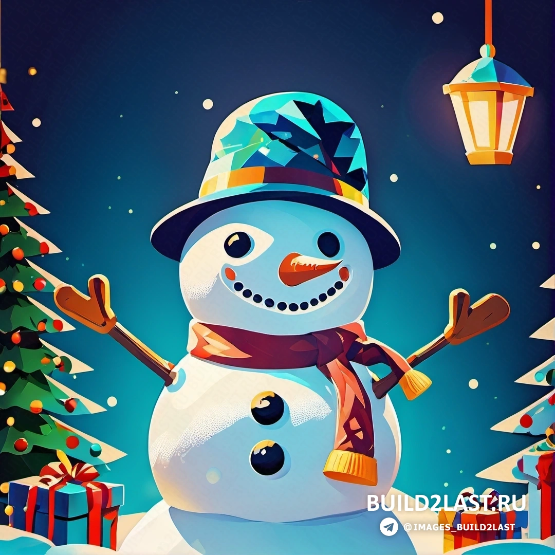 снеговик в шапке и шарфе стоит перед рождественской елкой с подарками под уличным фонарем