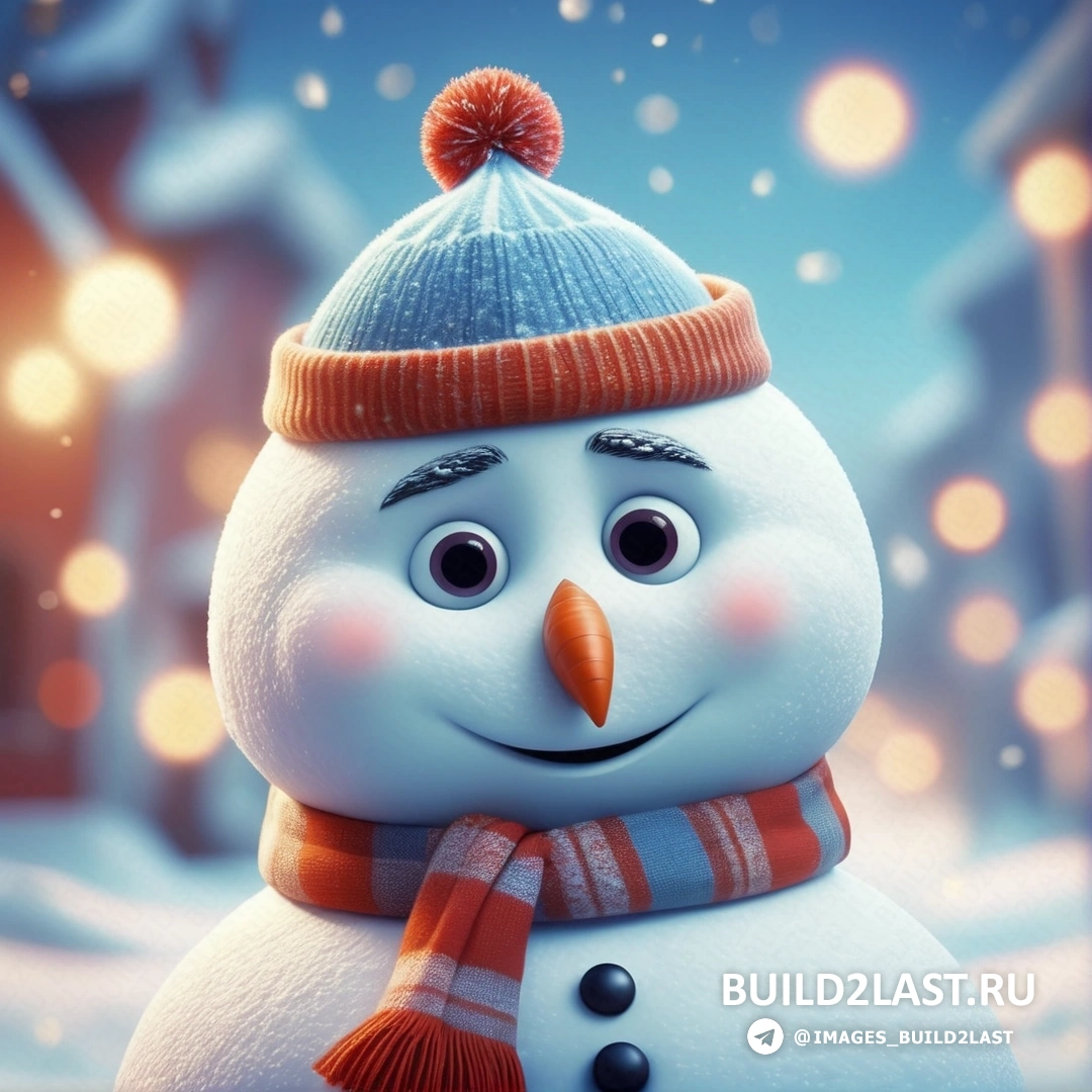 снеговик в шапке и шарфе на снегу с размытым фоном из огней и снега