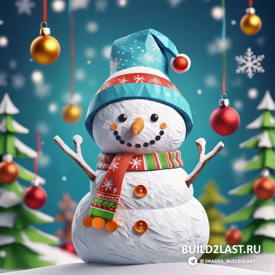 снеговик в шапке и шарфе перед рождественскими елками и шарами на синем фоне