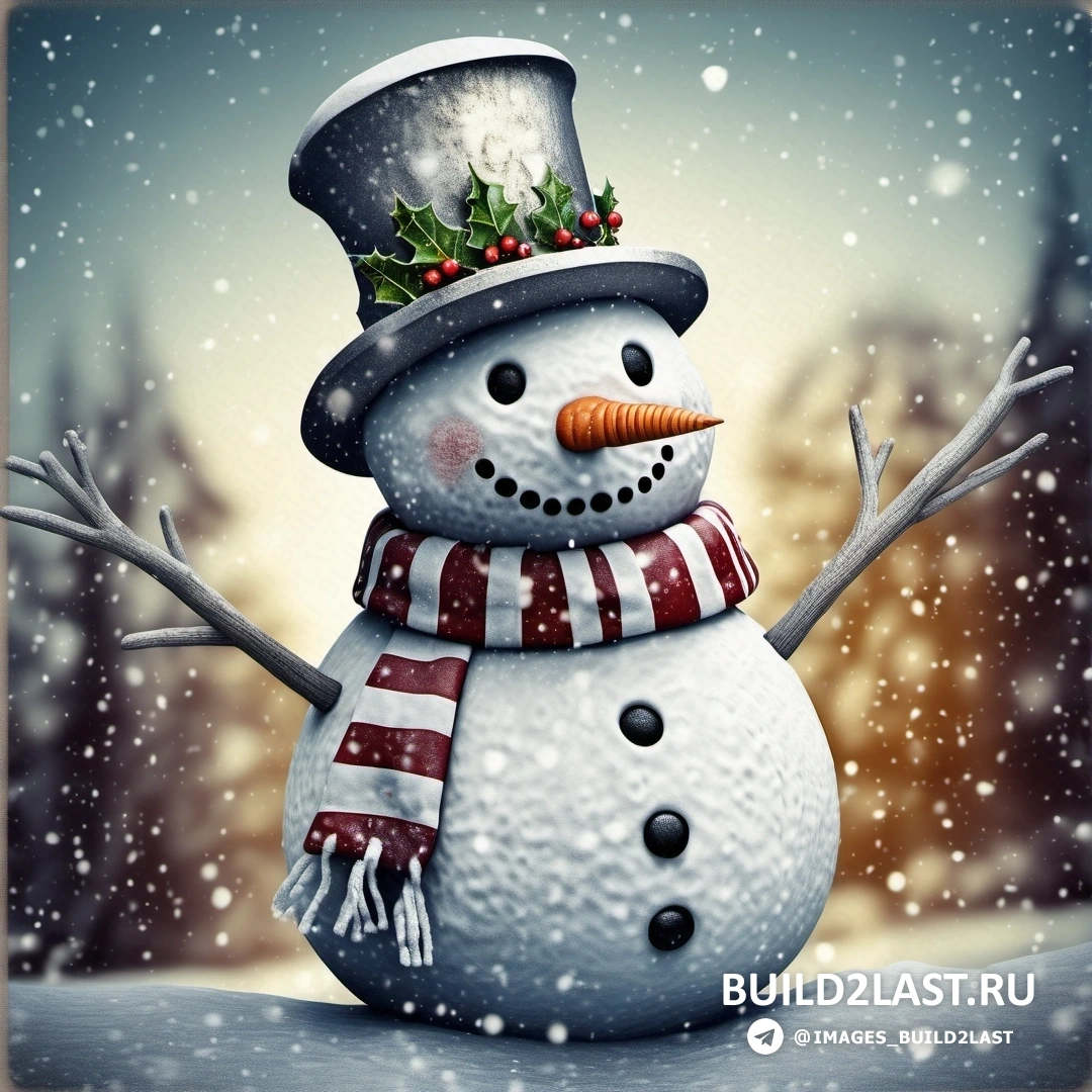 снеговик в шляпе и шарфе