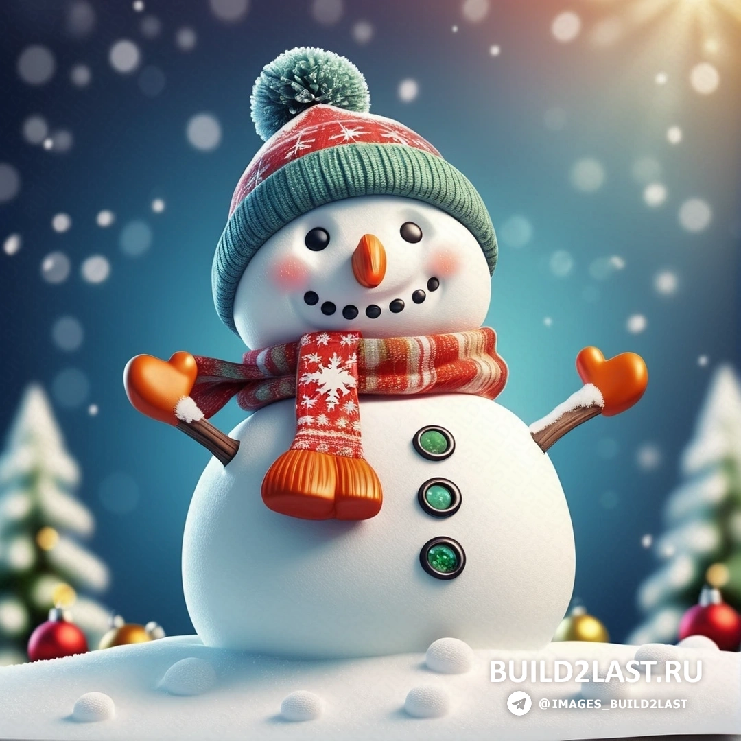 снеговик в шапке и шарфе на снегу с рождественскими елками и голубым небом