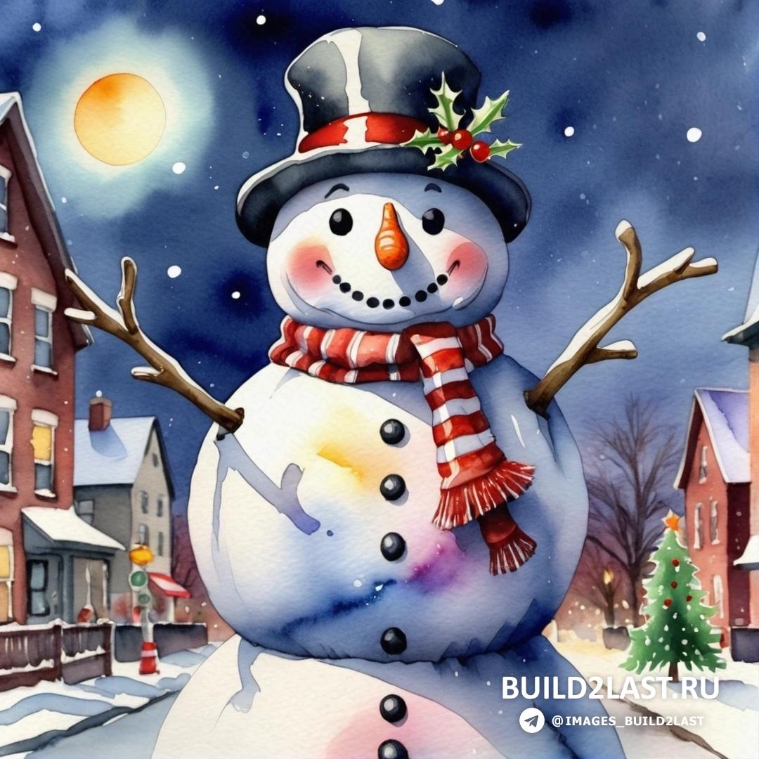 снеговик в шапке и шарфе на снегу, дом и полная луна в небе