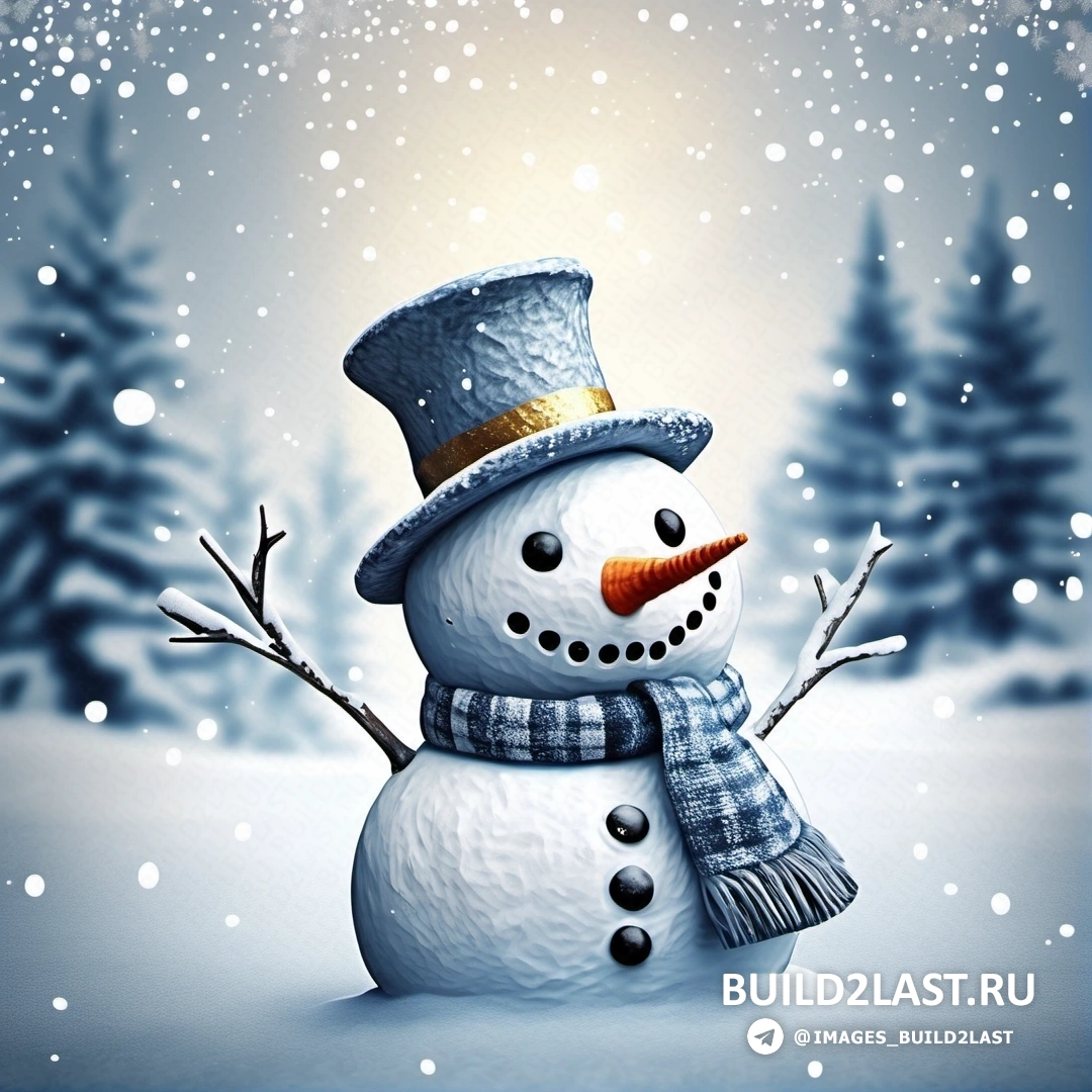 снеговик в шапке и шарфе на снегу с деревьями и падающим снегом